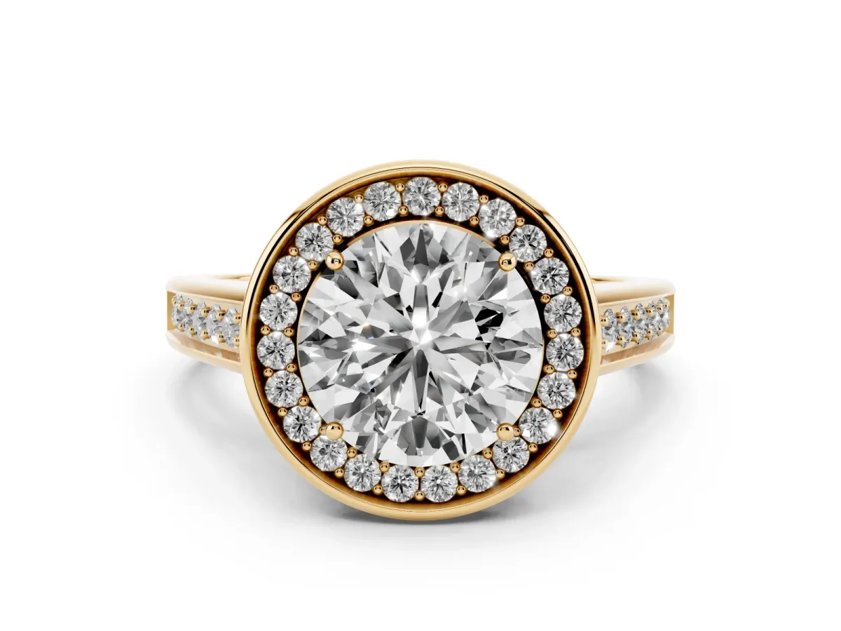 Round Cut Halo Solitaire Diamond Ring with Pave Band and Bezel Setting Yellow gold