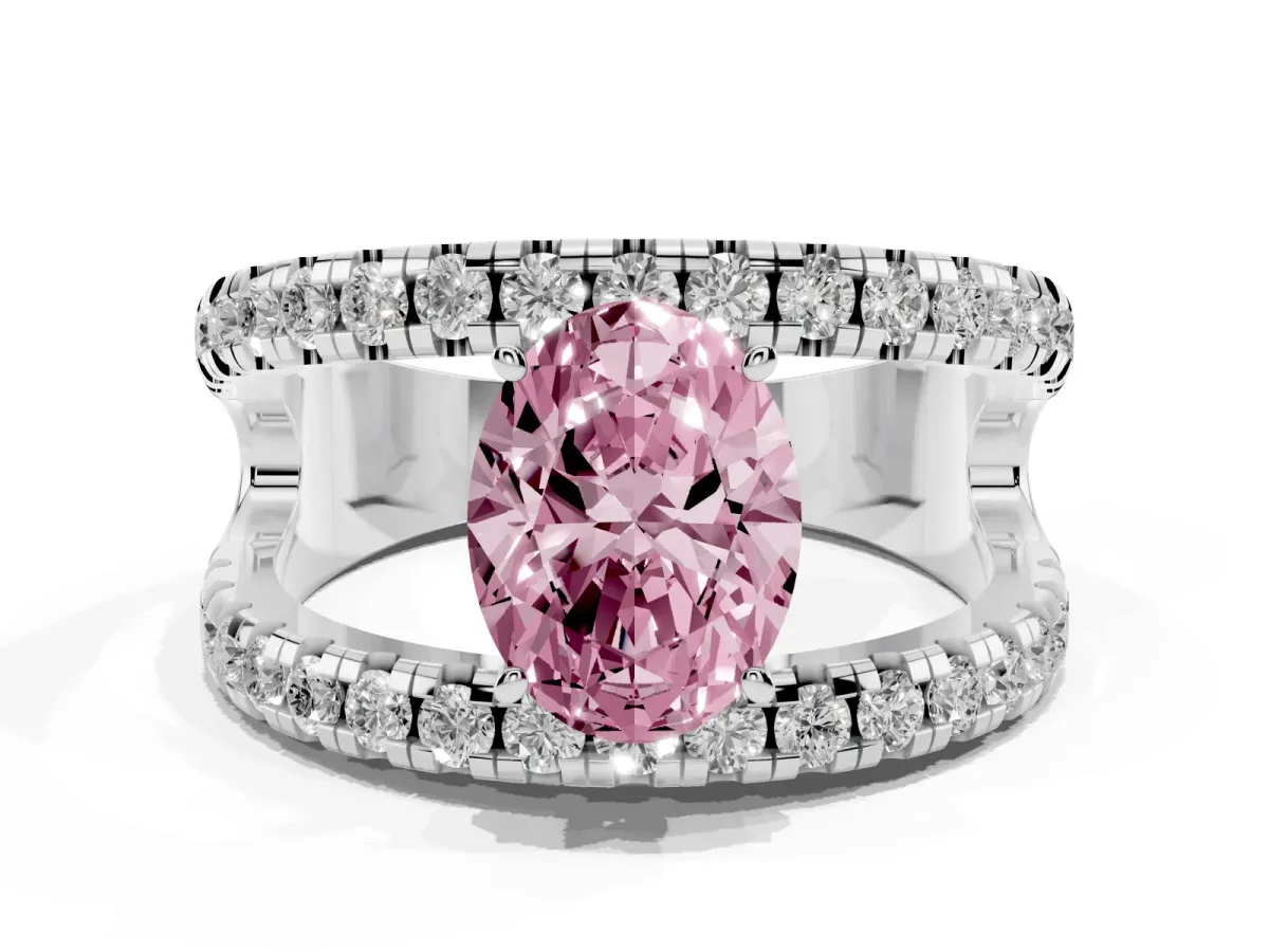 Fancy Pink Oval Cut Solitaire Split Shank Pave Diamond Ring White gold