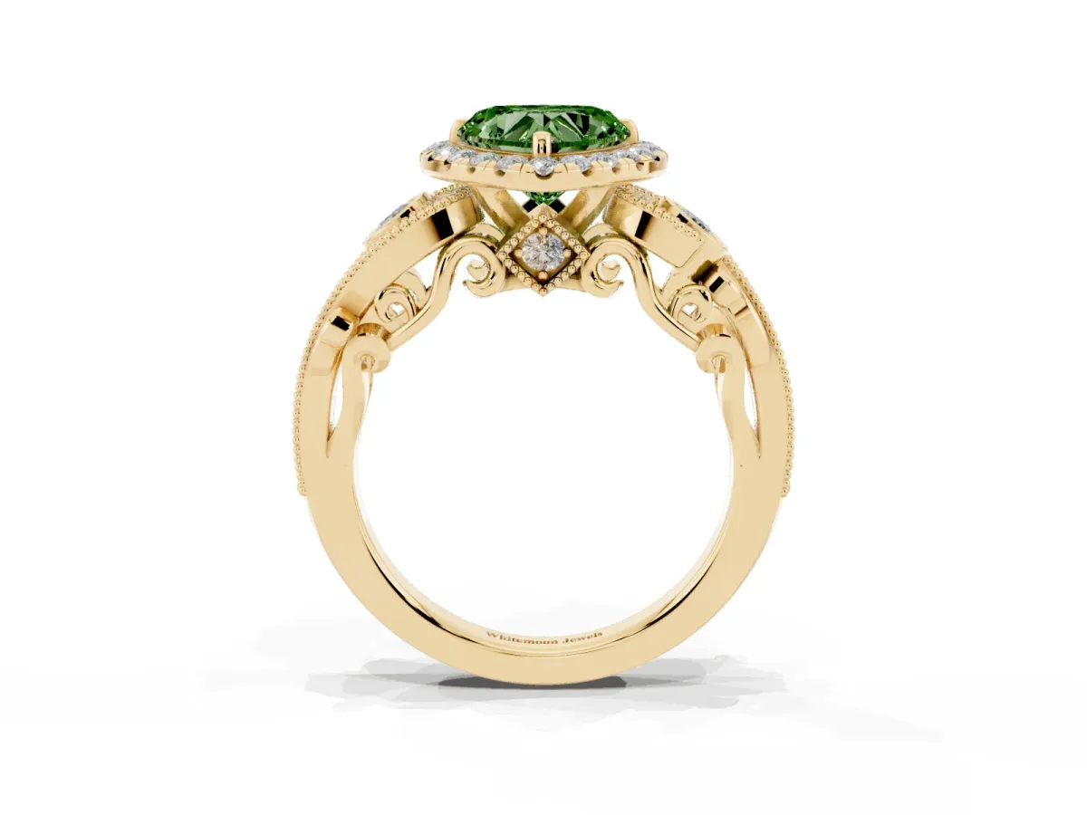 Fancy Green Heart Cut Diamond Halo Ring with Milgrain Pavé Band and Four-Prong Setting Yellow gold