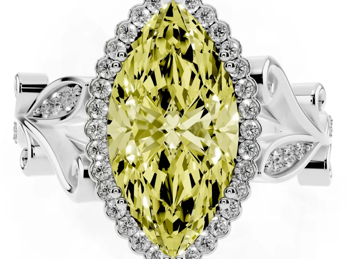 Fancy Yellow Marquise Cut Diamond Halo Ring with Vintage Split Shank and Four-Prong Setting Silver