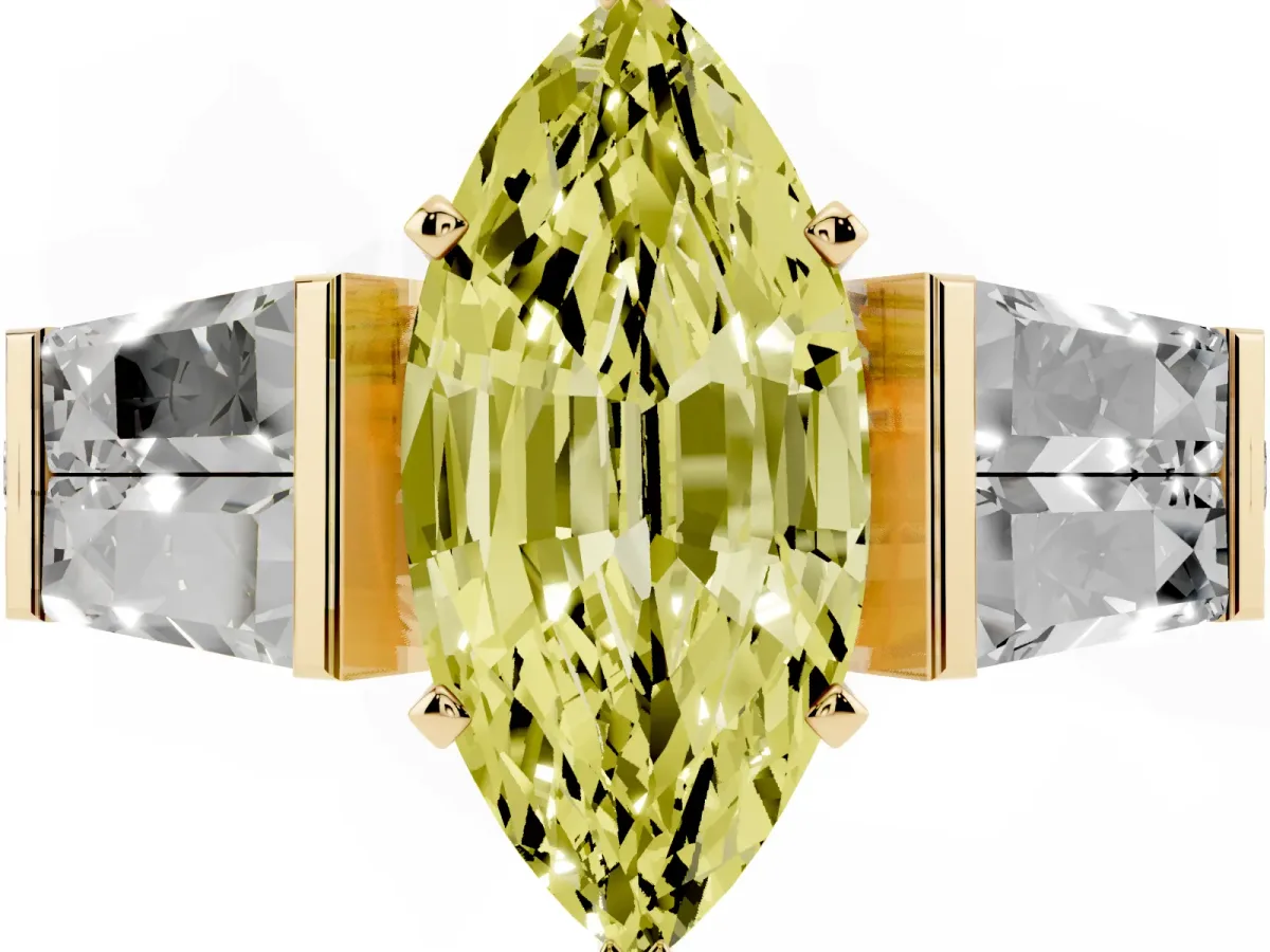 Fancy Yellow Marquise Cut Diamond Engagement Ring with Baguette Side Stones and Channel Set Band Yellow gold