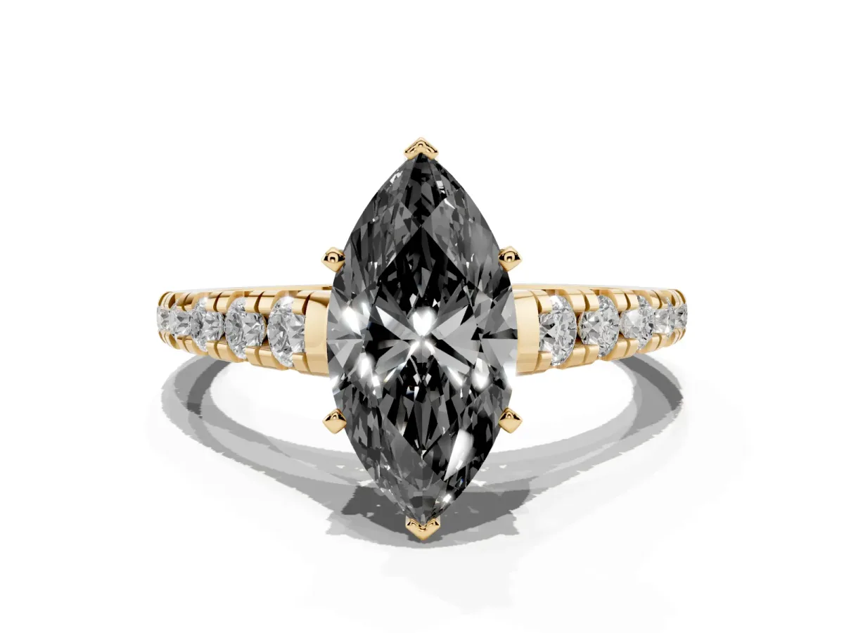 Fancy Black Marquise Cut Diamond Cathedral Solitaire Ring with Round Pavé Band Yellow gold