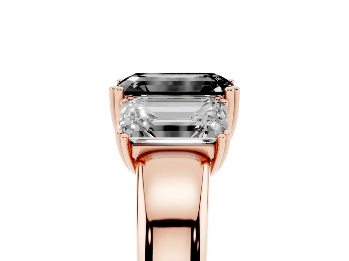 Fancy Black Three-Stone Emerald Cut Cut Diamond Ring with Channel Set Band and Four-Prong Setting Rose gold