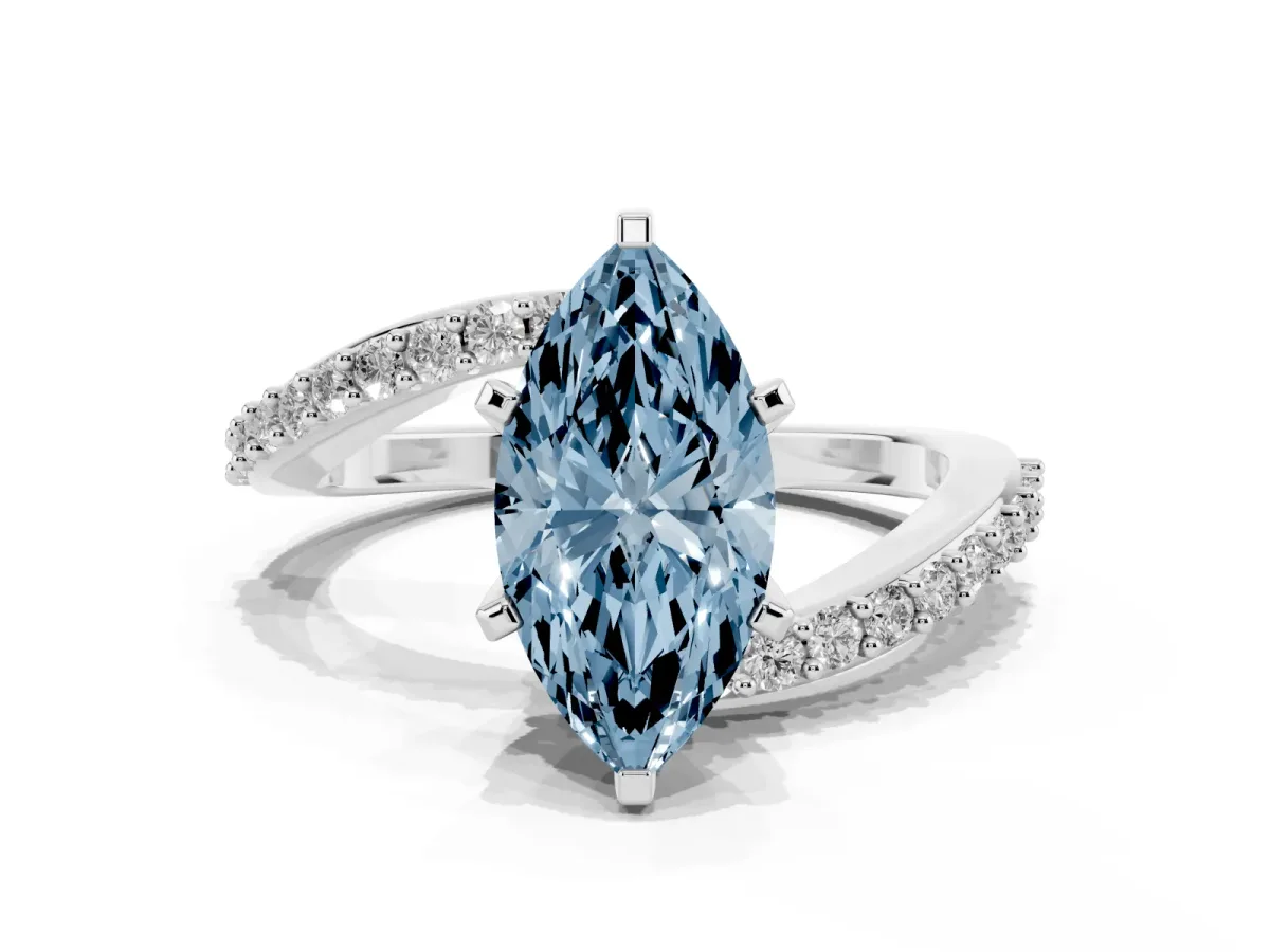 Fancy Blue Marquise Cut Solitaire Twist Band with Pave Set Diamonds and Four-Prong Setting Platinum