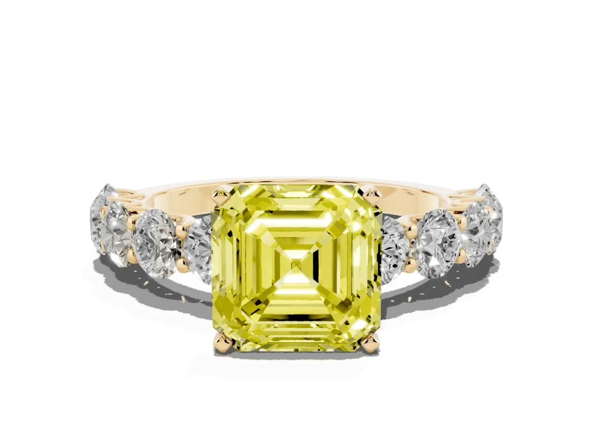 Fancy Yellow Asscher Cut Diamond Prong Setting with Side Stones on a Pave Band Yellow gold
