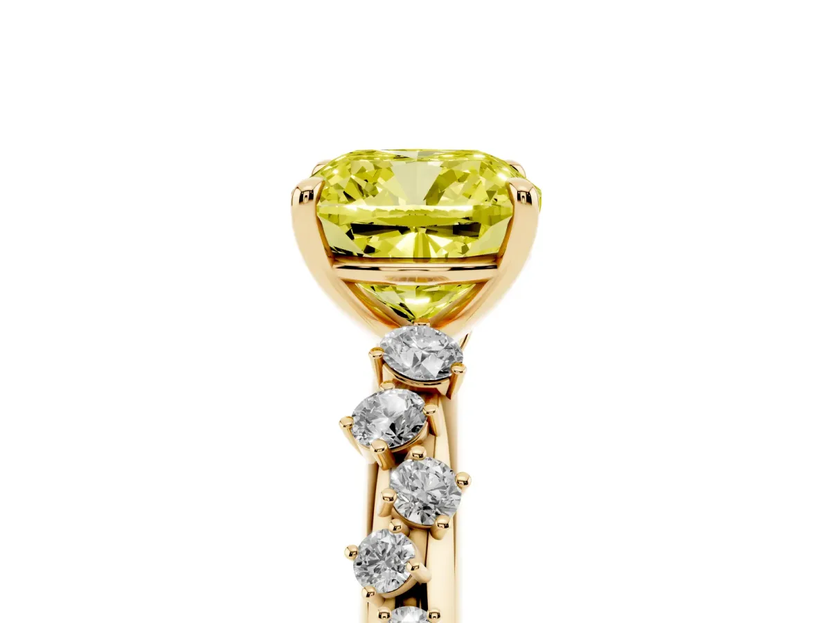 Fancy Yellow Cushion Cut Diamond Cluster Prong-Set Solitaire Ring Yellow gold