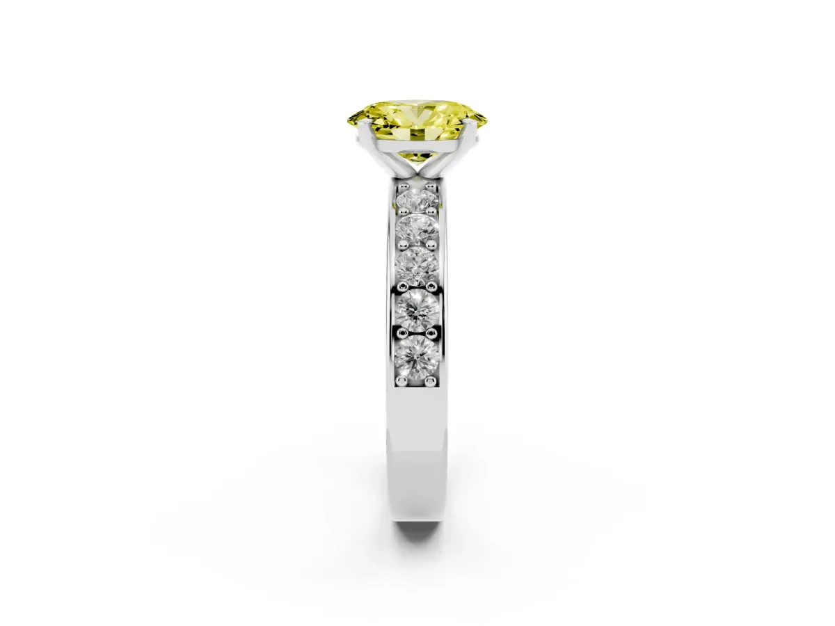 Fancy Yellow Oval Cut Diamond Engagement Ring with Channel Set Round Band and Prong Setting Silver