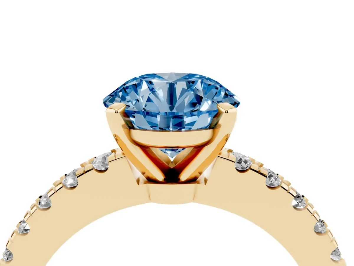 Fancy Blue Round Cut Solitaire Diamond with Pavé Band and Four-Prong Setting Yellow gold