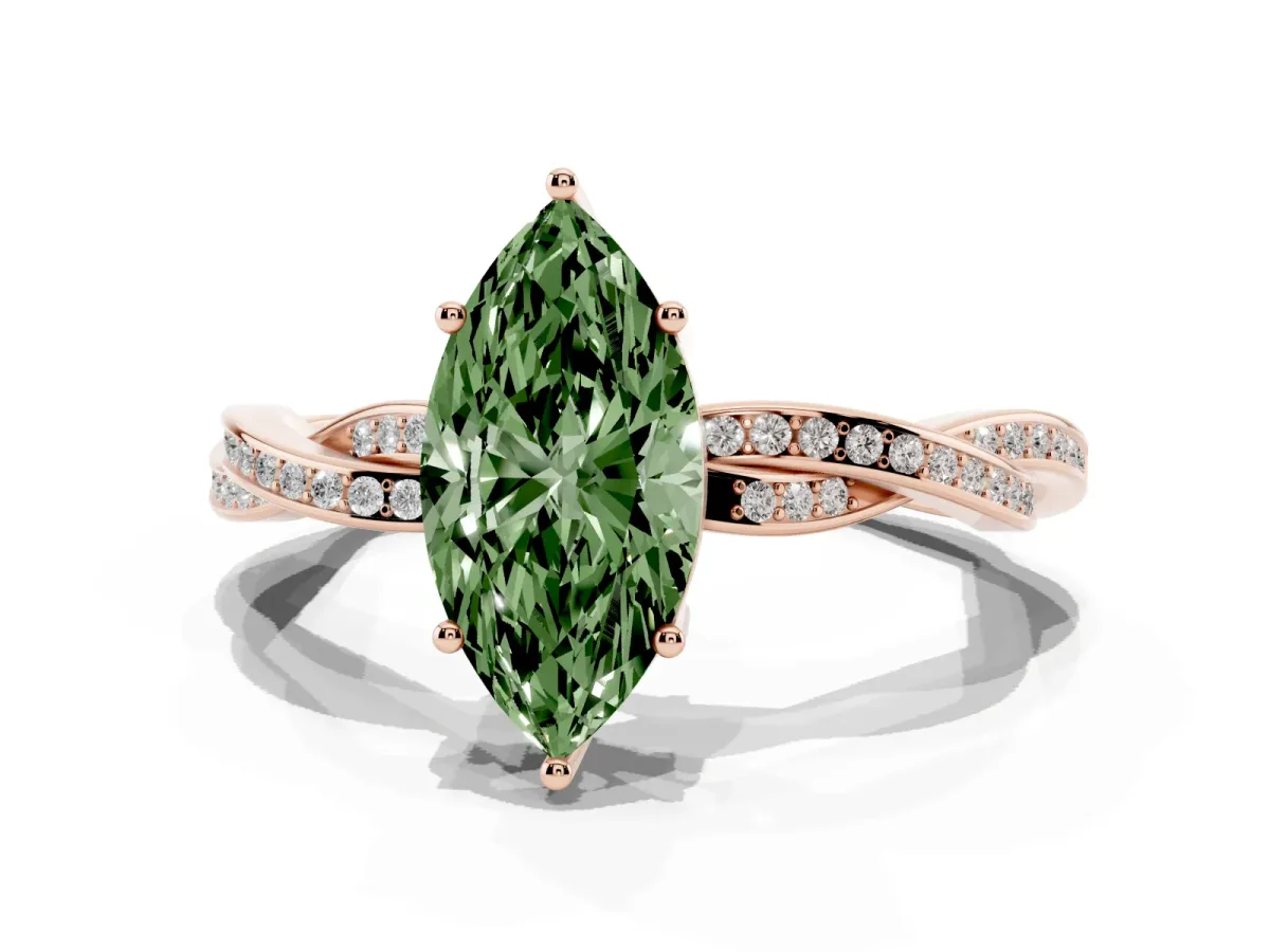 Fancy Green Marquise Cut Solitaire Twisted Pave Diamond Ring with Four-Prong Setting Rose gold