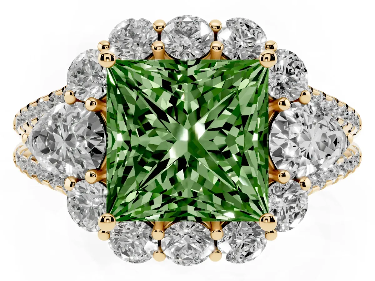 Fancy Green Princess Cut Halo Split Shank Diamond Engagement Ring with Prong Setting Yellow gold