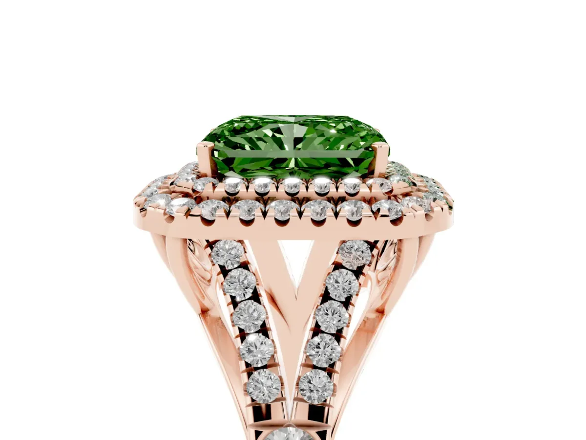 Fancy Green Double Halo Radiant Cut Diamond Split Shank Engagement Ring with Four-Prong Setting Rose gold