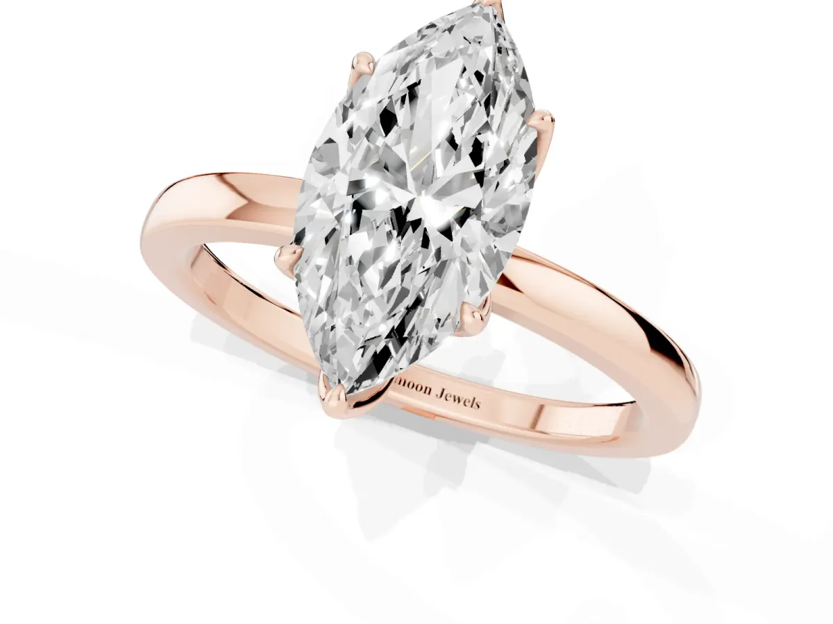 Marquise Cut Diamond Solitaire Ring with Thin Band and Prong Setting Rose gold
