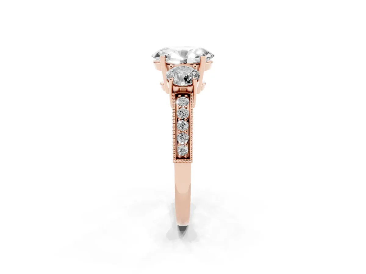 Oval Cut Three-Stone Diamond Ring with Pavé Band and Four-Prong Setting Rose gold