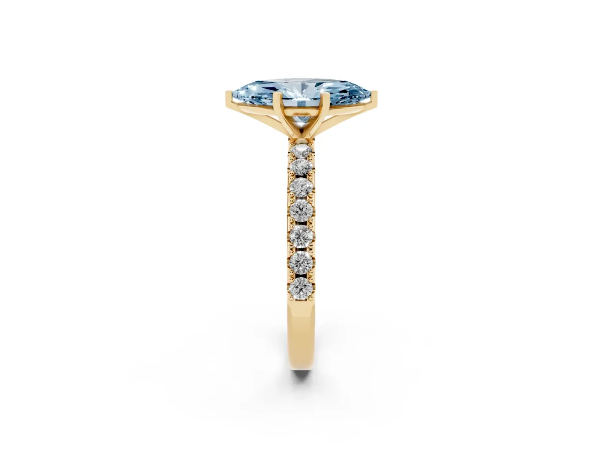 Fancy Blue Marquise Cut Diamond Solitaire Pavé Band with Four-Prong Setting Yellow gold
