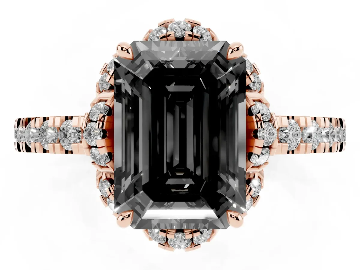 Fancy Black Emerald Cut Diamond Halo Pave Band with Four-Prong Setting Rose gold