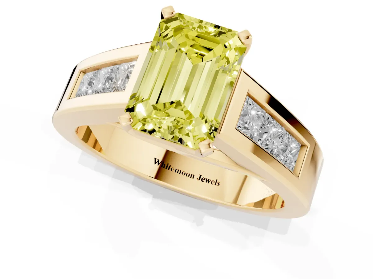 Fancy Yellow Emerald Cut Cut Channel Set Solitaire Ring with Four-Prong Setting Yellow gold