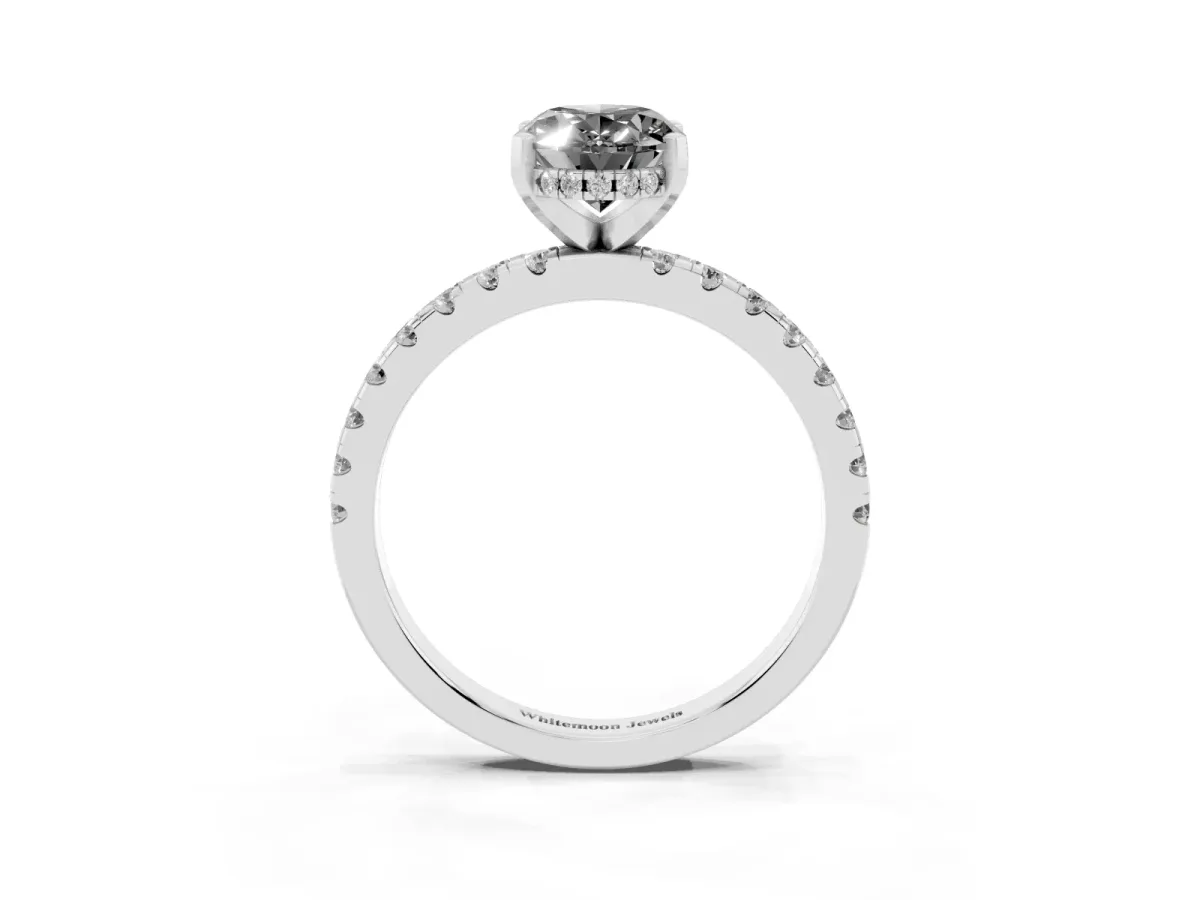 Fancy Black Oval Cut Diamond Solitaire Ring with Round Pavé Band and Four-Prong Setting Silver
