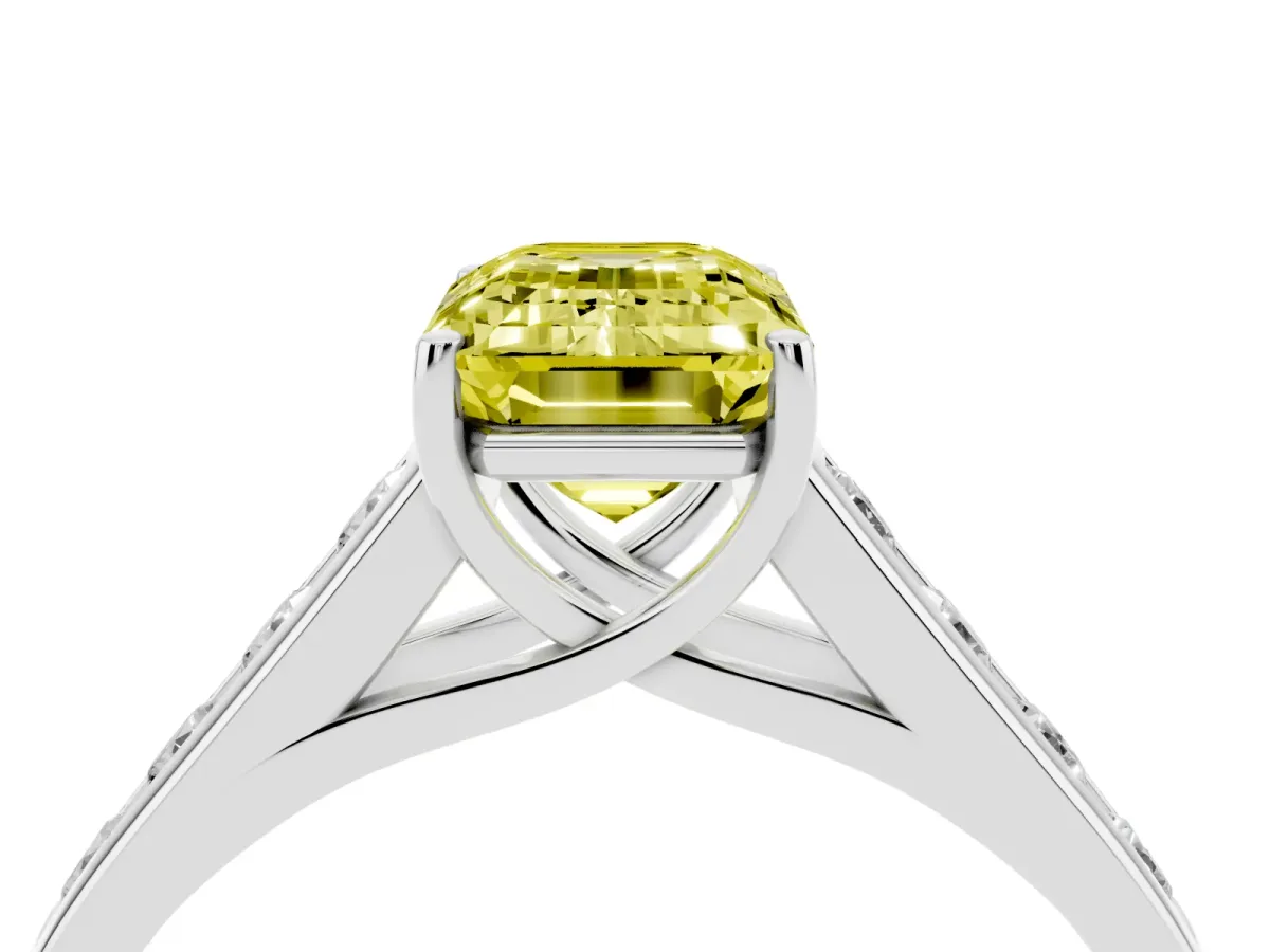 Fancy Yellow Emerald Cut Brilliant Channel-Set Solitaire Ring with Four-Prong Setting White gold