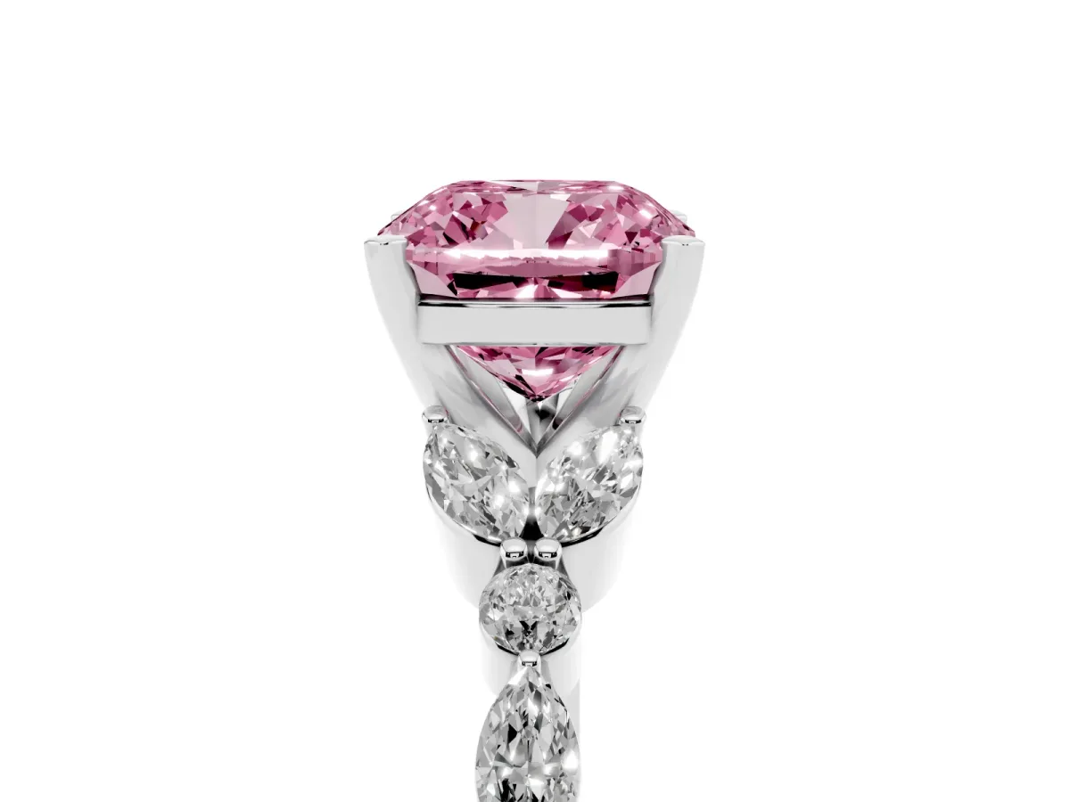 Fancy Pink Cushion Cut Diamond Solitaire Ring with Side Stones and Four-Prong Setting Silver