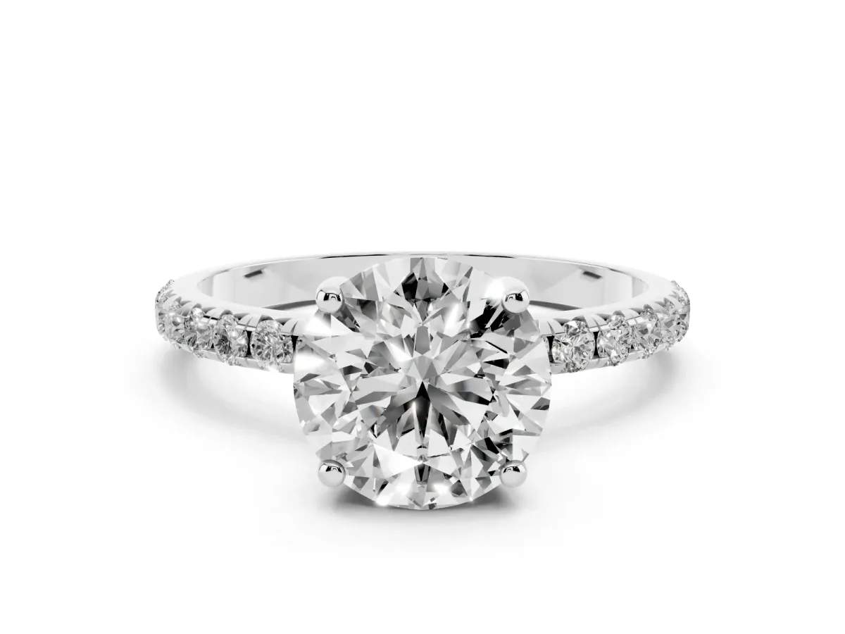 Round Cut Cut Diamond Solitaire Ring with Micro Pave Band and Four Prong Setting Silver