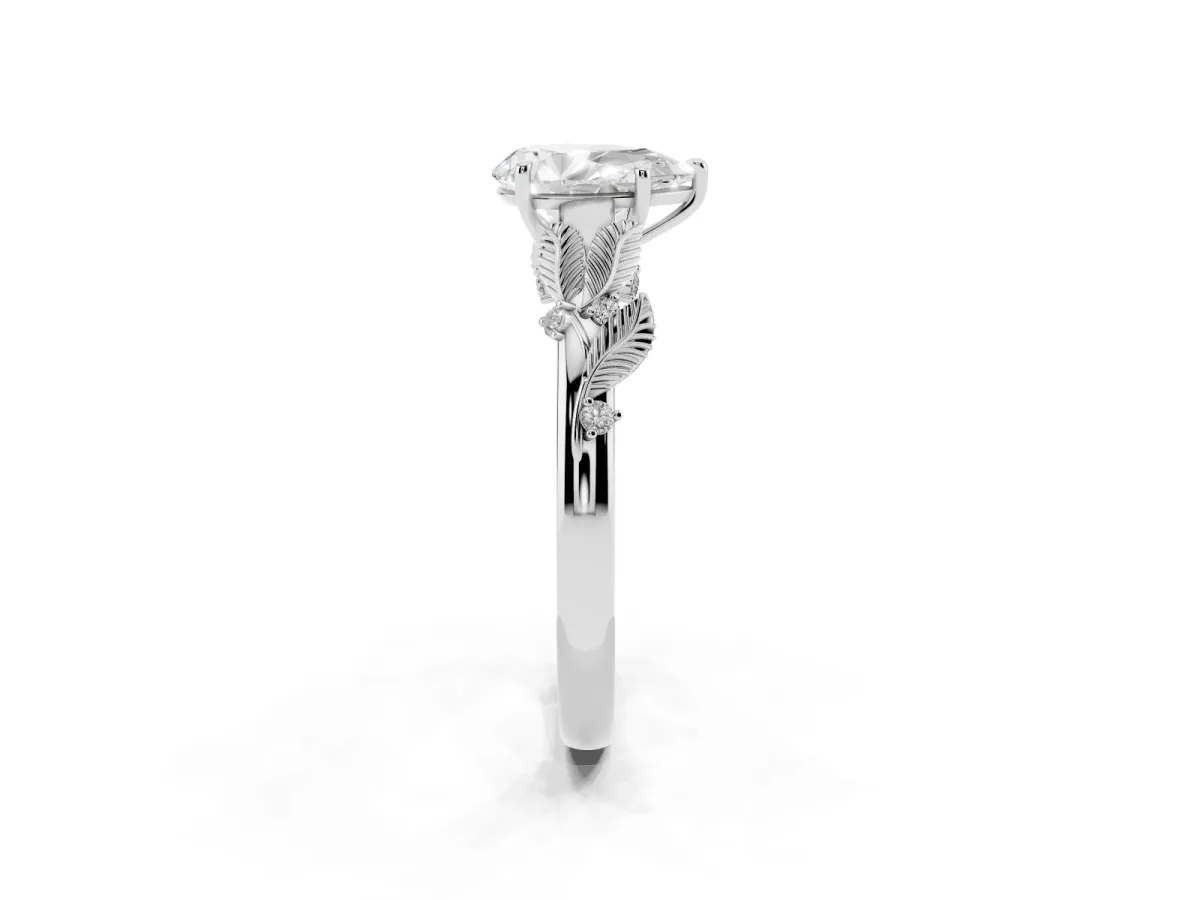 Pear Cut Diamond Solitaire Ring with Leaf Motif Band and Four-Prong Setting Silver