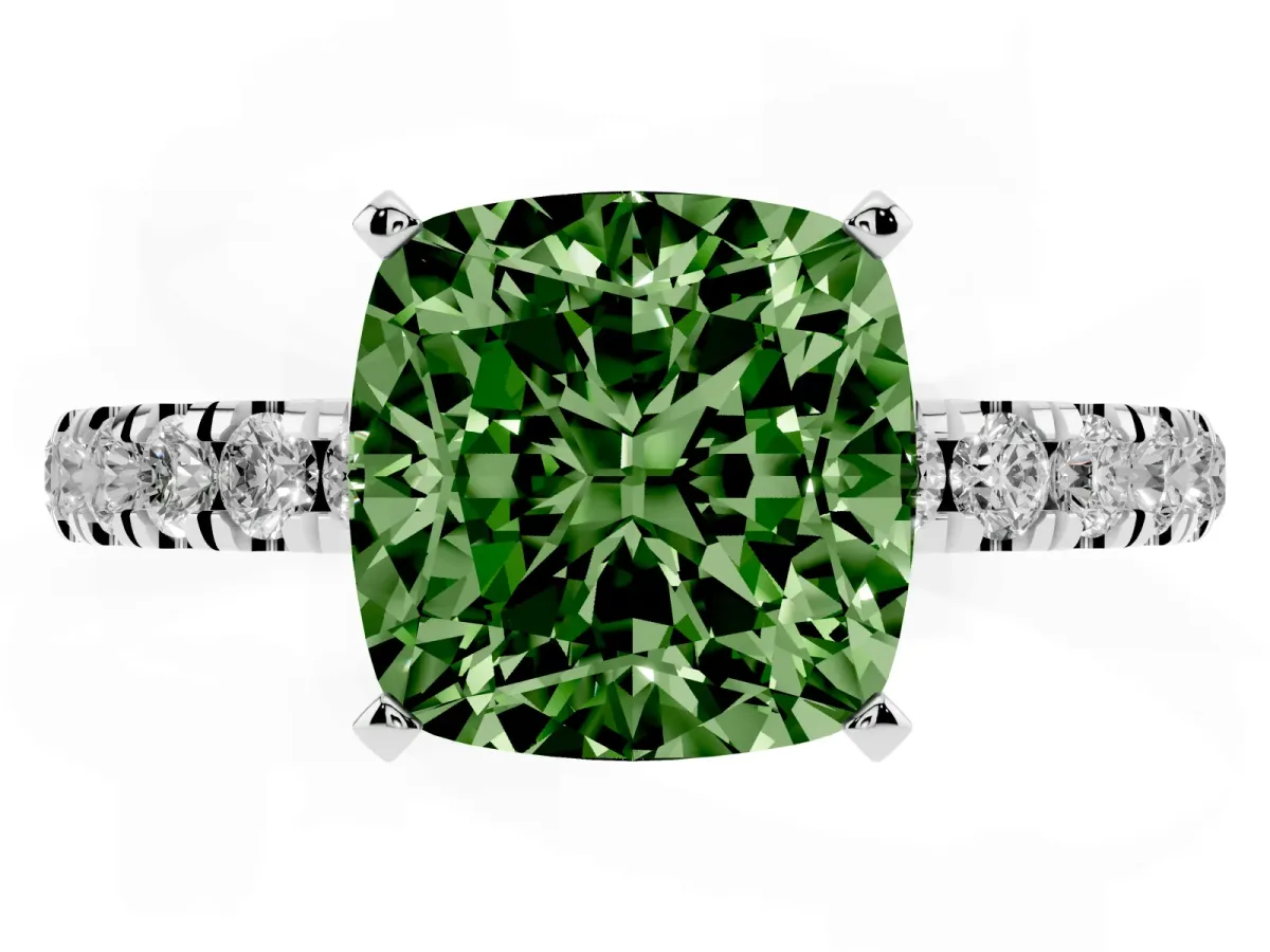 Fancy Green Cushion Cut Diamond Solitaire Ring with Pavé Accents and Four-Prong Setting White gold