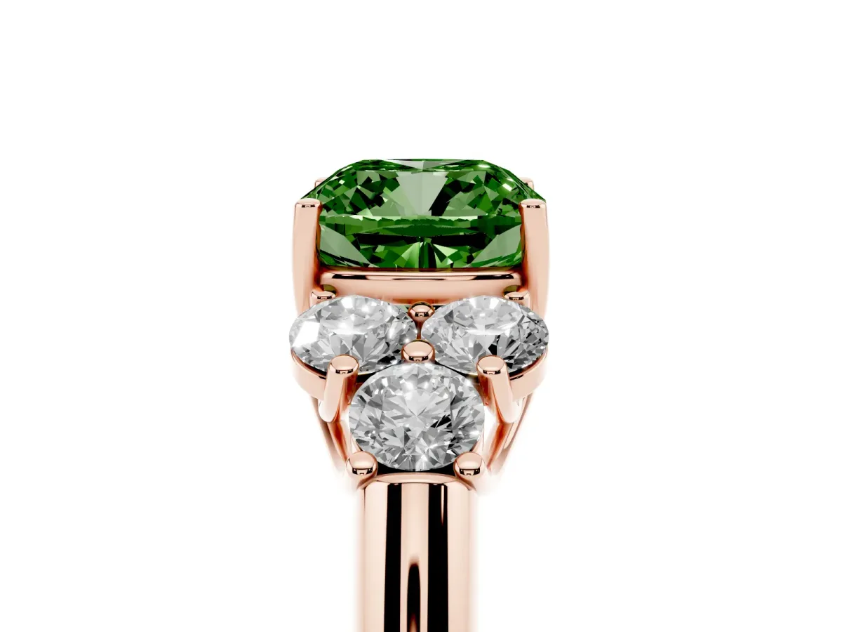 Fancy Green Cushion Cut Cut Diamond Cluster Ring with Round Accent Stones and Prong Setting on a Classic Band Rose gold