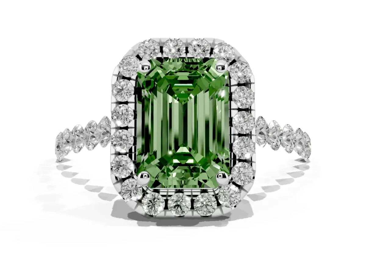 Fancy Green Emerald Cut Halo Pavé Diamond Engagement Ring with Four-Prong Setting Silver