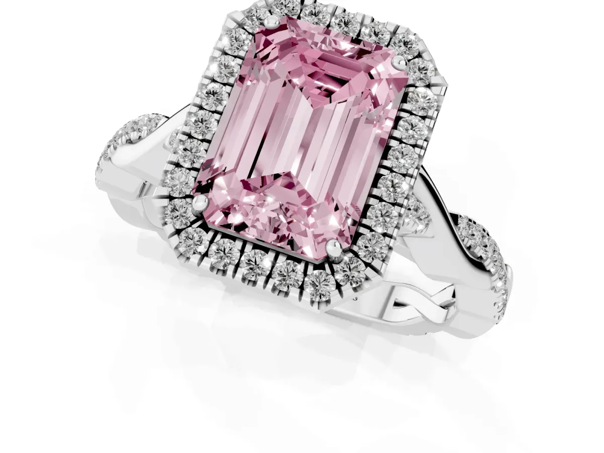Fancy Pink Emerald Cut Halo Twist Band Solitaire Ring Silver