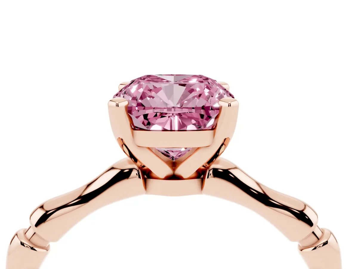 Fancy Pink Cushion Cut Solitaire Diamond Ring with Bamboo Band and Four-Prong Setting Rose gold