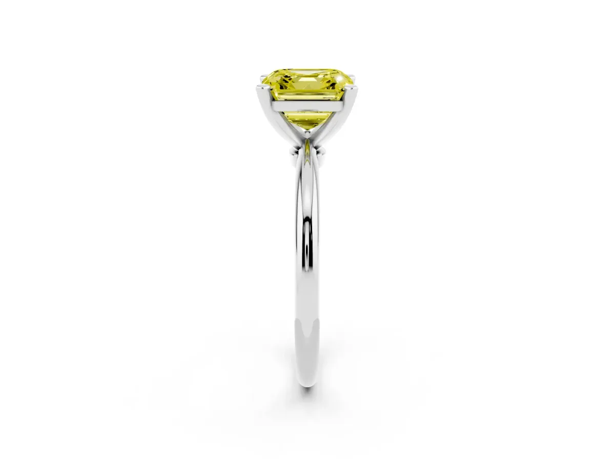 Fancy Yellow Asscher Cut Diamond Solitaire Ring with Prong Setting and Classic Band Silver