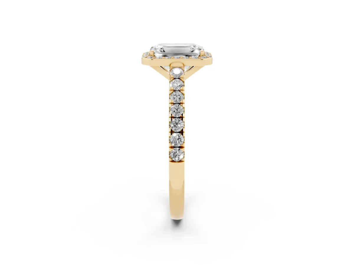 Emerald Cut Cut Halo Diamond Engagement Ring with Pave Band and Four-Prong Setting Yellow gold