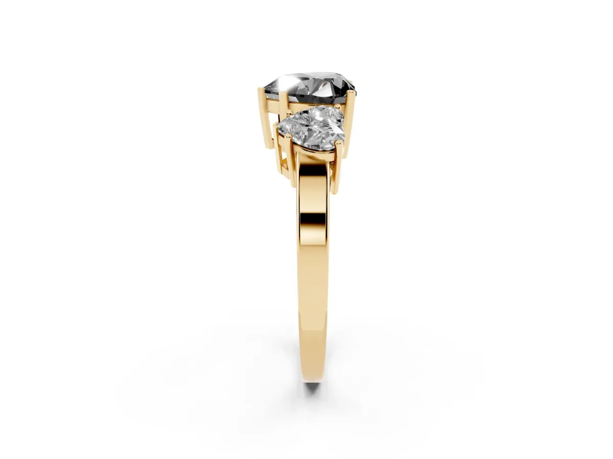 Fancy Black Three-Stone Heart Cut Cut Diamond Engagement Ring with Flat Band and Four-Prong Setting Yellow gold