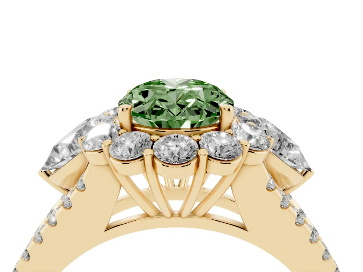 Fancy Green Oval Cut Halo Split Shank Diamond Engagement Ring with Prong Setting Yellow gold