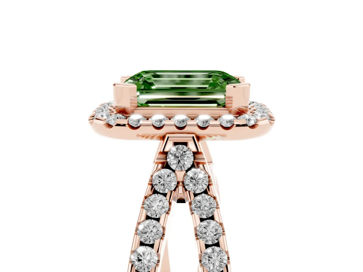 Fancy Green Emerald Cut Diamond Halo Ring with Split Shank Pavé Band and Prong Setting Rose gold