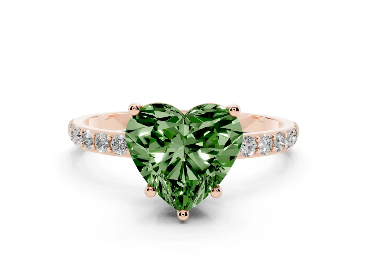 Fancy Green Heart Cut Diamond Solitaire Ring with Round Pavé Shoulders and Prong Setting Rose gold