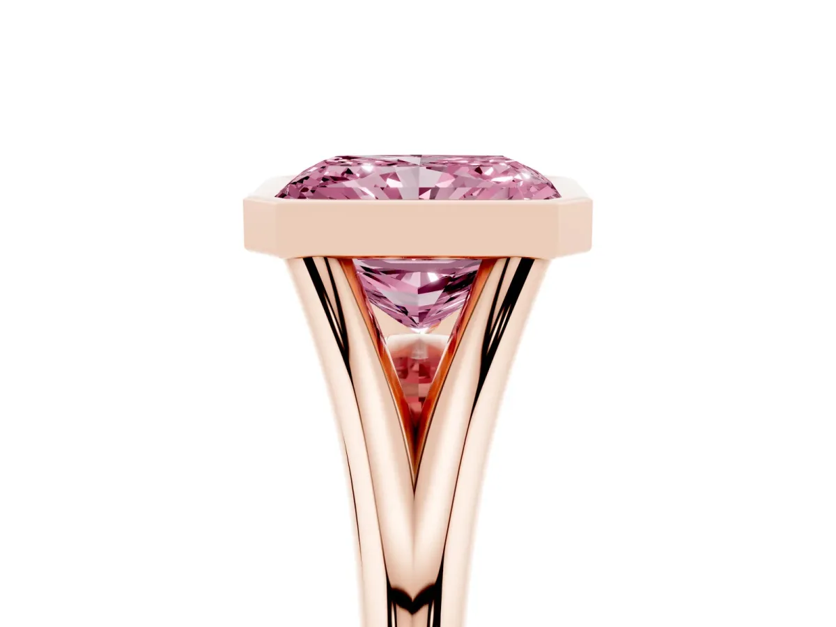 Fancy Pink Bezel Set Radiant Cut Cut Solitaire Ring with Tapered Band Rose gold