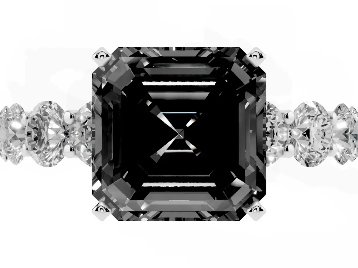 Fancy Black Asscher Cut Diamond Prong Setting with Side Stones on a Pave Band Silver