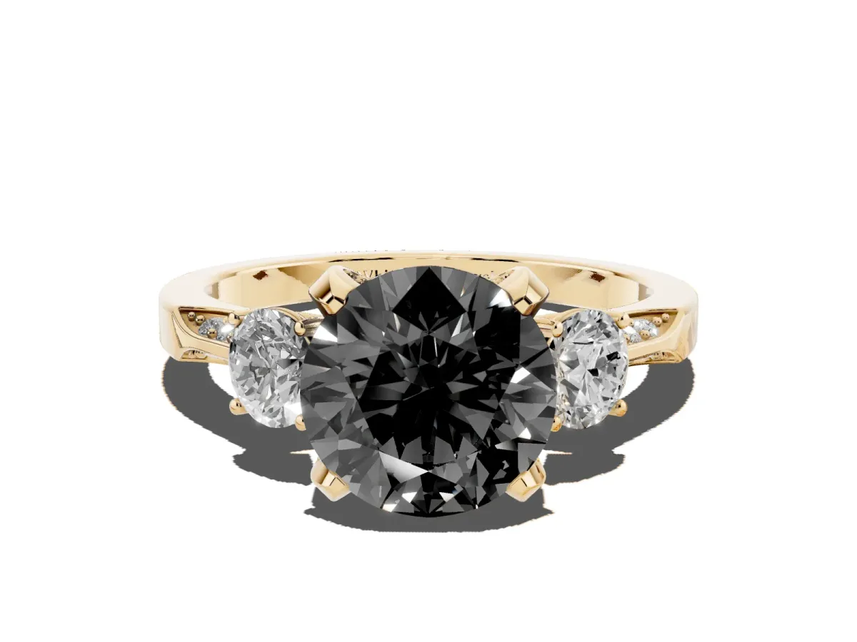 Fancy Black Round Cut Brilliant Three-Stone Diamond Ring with Pavé Band and Four-Prong Setting Yellow gold