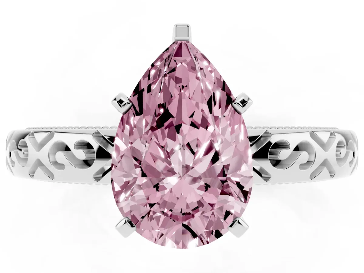 Fancy Pink Pear Cut Solitaire Engagement Ring with Scrollwork Band and Four-Prong Setting Silver