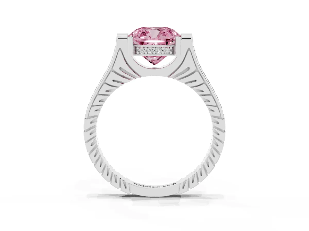 Fancy Pink Cushion Cut Solitaire Diamond Ring with Channel Set Band and Bezel Prong Setting Platinum