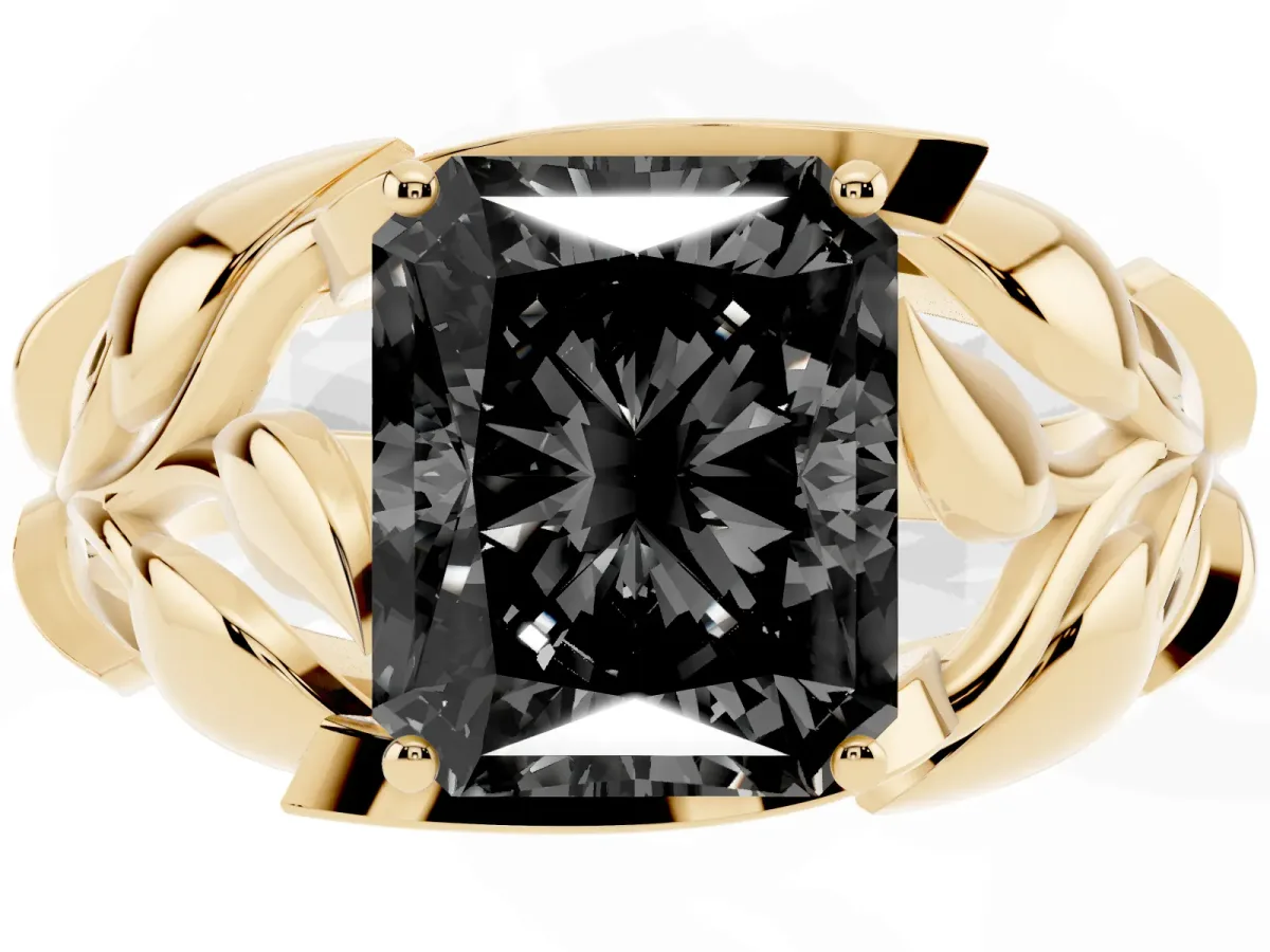 Fancy Black Radiant Cut Diamond Leaf-Inspired Engagement Ring with Round Accents and Prong Setting Yellow gold