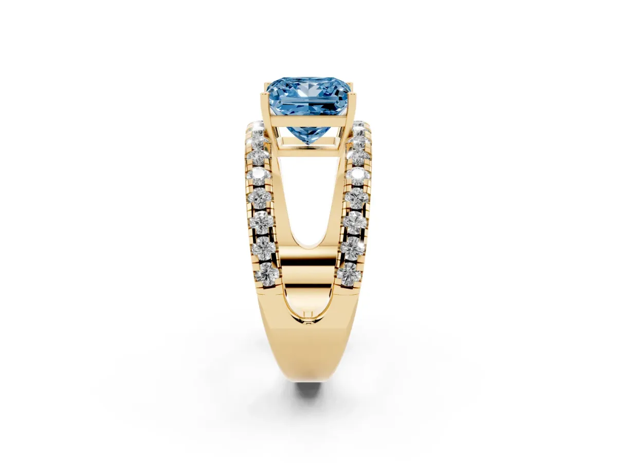 Fancy Blue Princess Cut Solitaire Split Shank Pave Diamond Ring Yellow gold