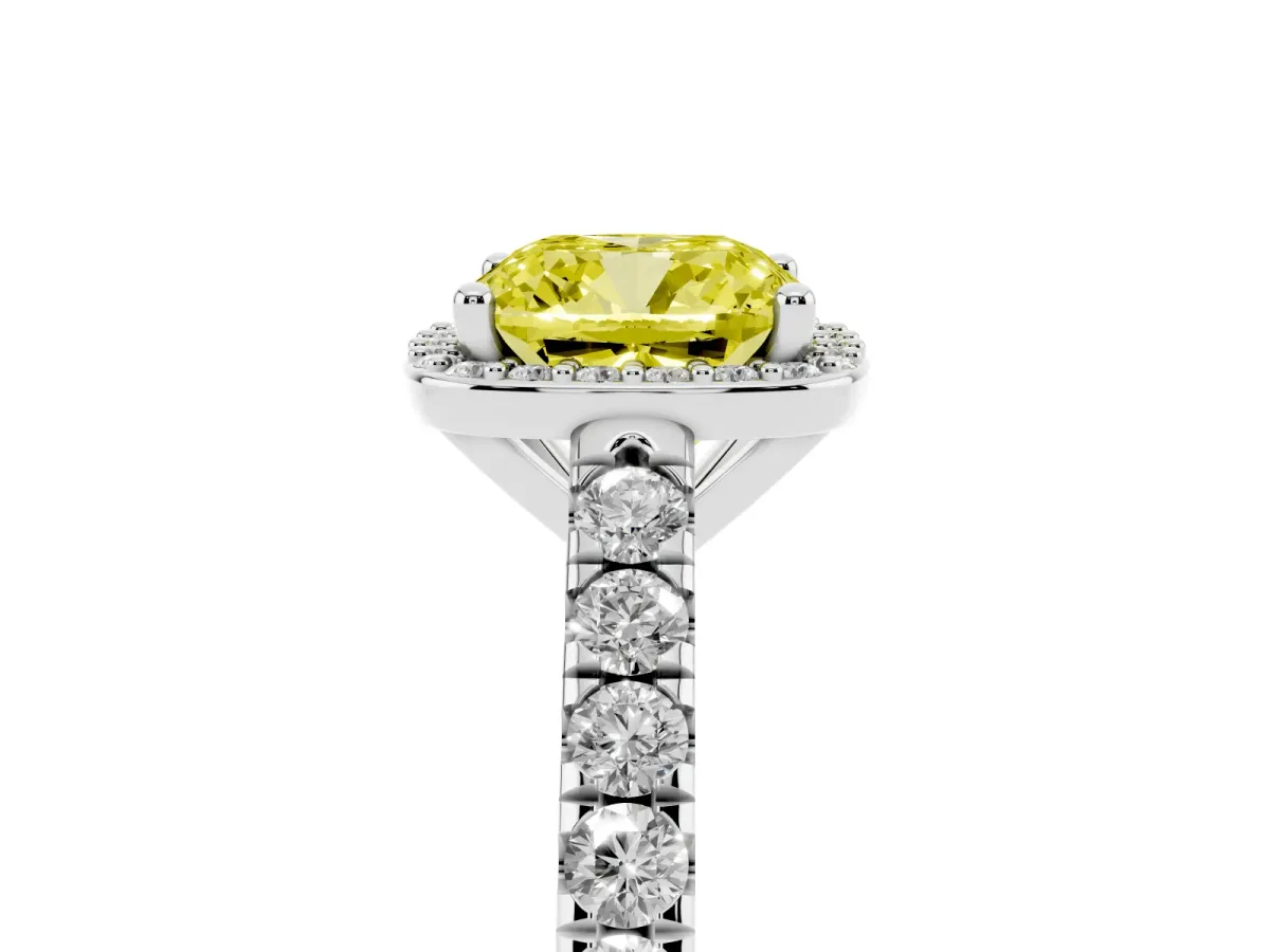 Fancy Yellow Cushion Cut Cut Halo Diamond Engagement Ring with Pave Band and Four-Prong Setting Silver