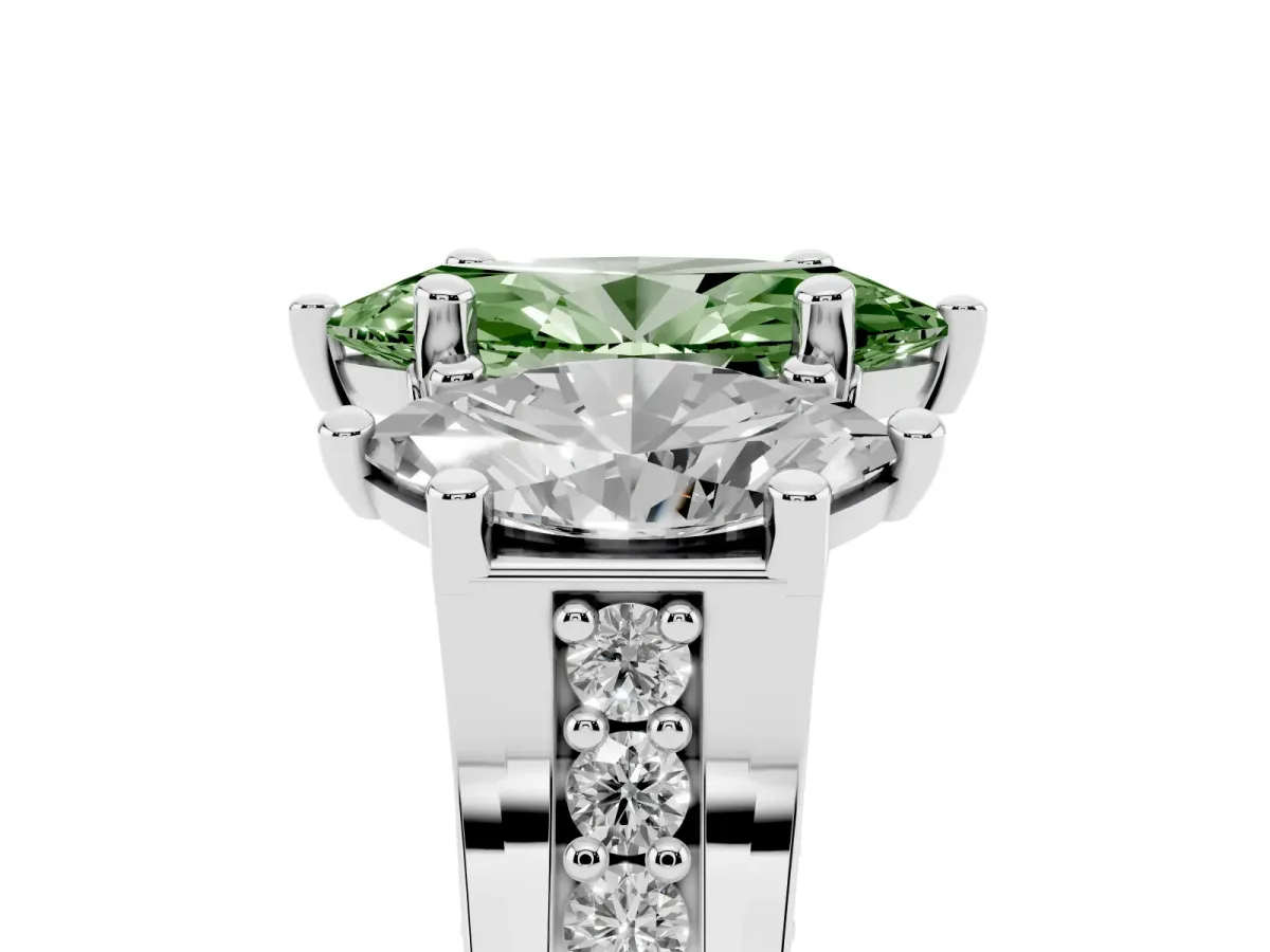 Fancy Green Marquise Cut Diamond Three-Stone Ring with Channel Set Band and Four-Prong Setting Silver
