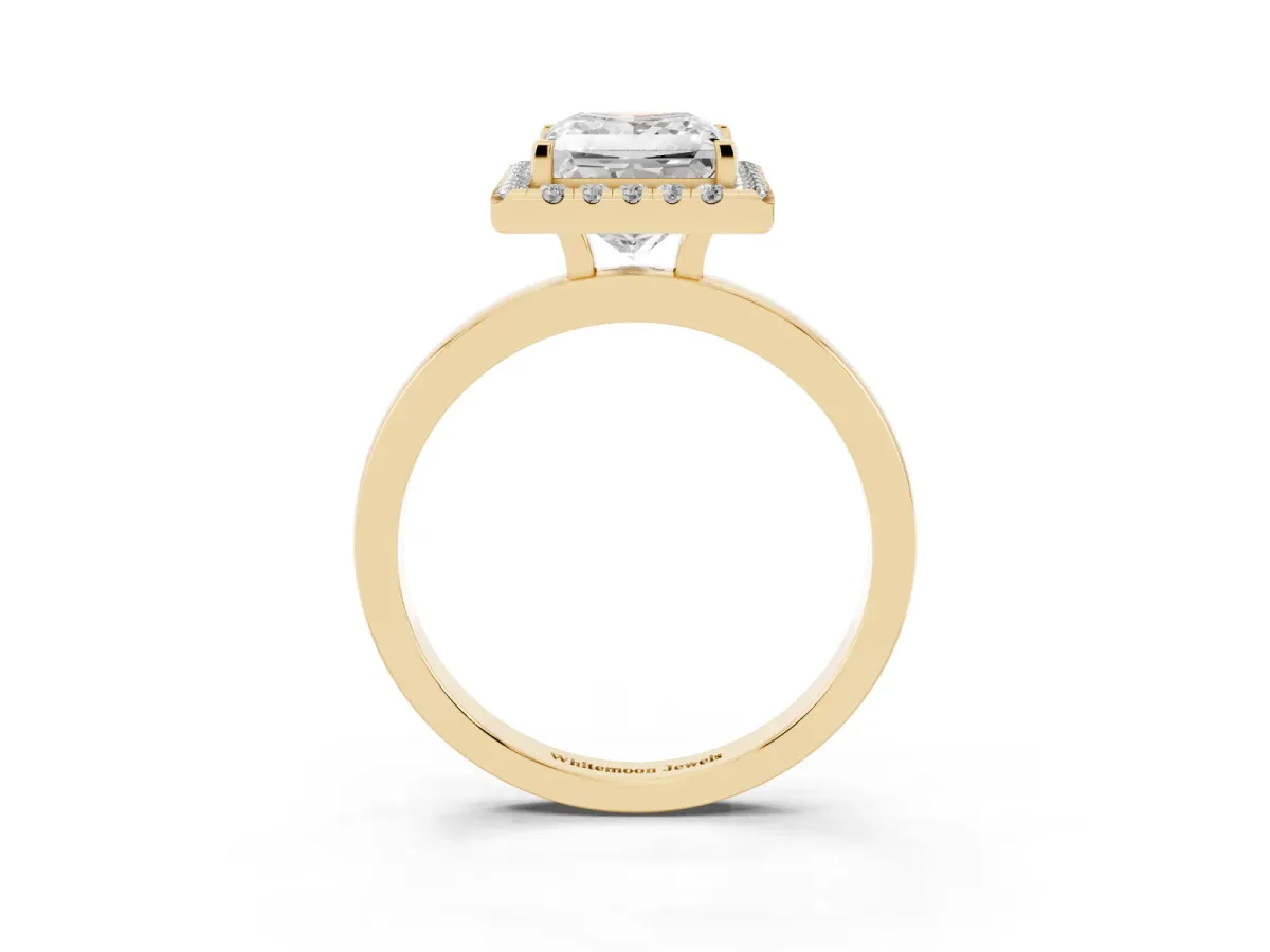 Princess Cut Halo Diamond Solitaire with Pavé Band and Four-Prong Setting Yellow gold