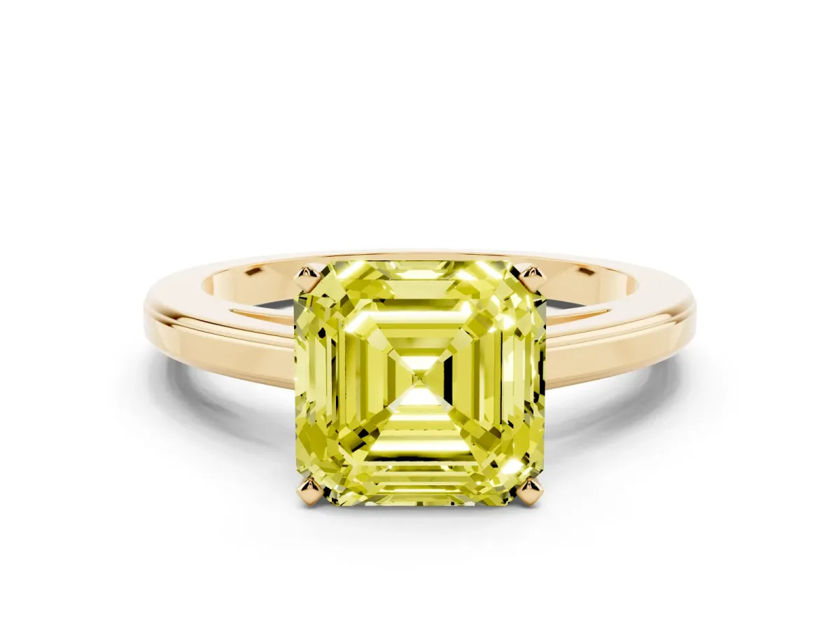 Fancy Yellow Asscher Cut Solitaire Diamond Ring with Four-Prong Setting and Classic Band Yellow gold