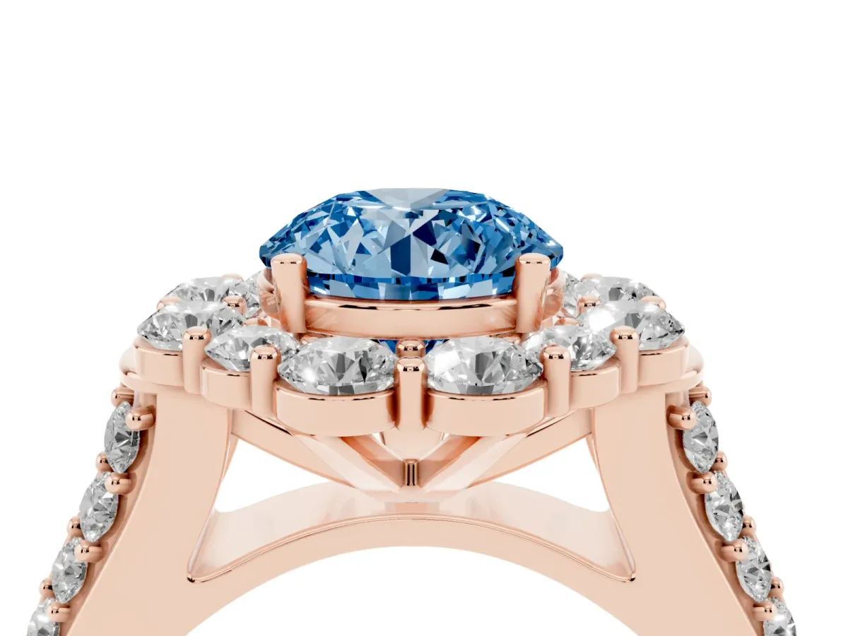 Fancy Blue Round Cut Halo Diamond Engagement Ring with Split Shank and Prong Setting Rose gold