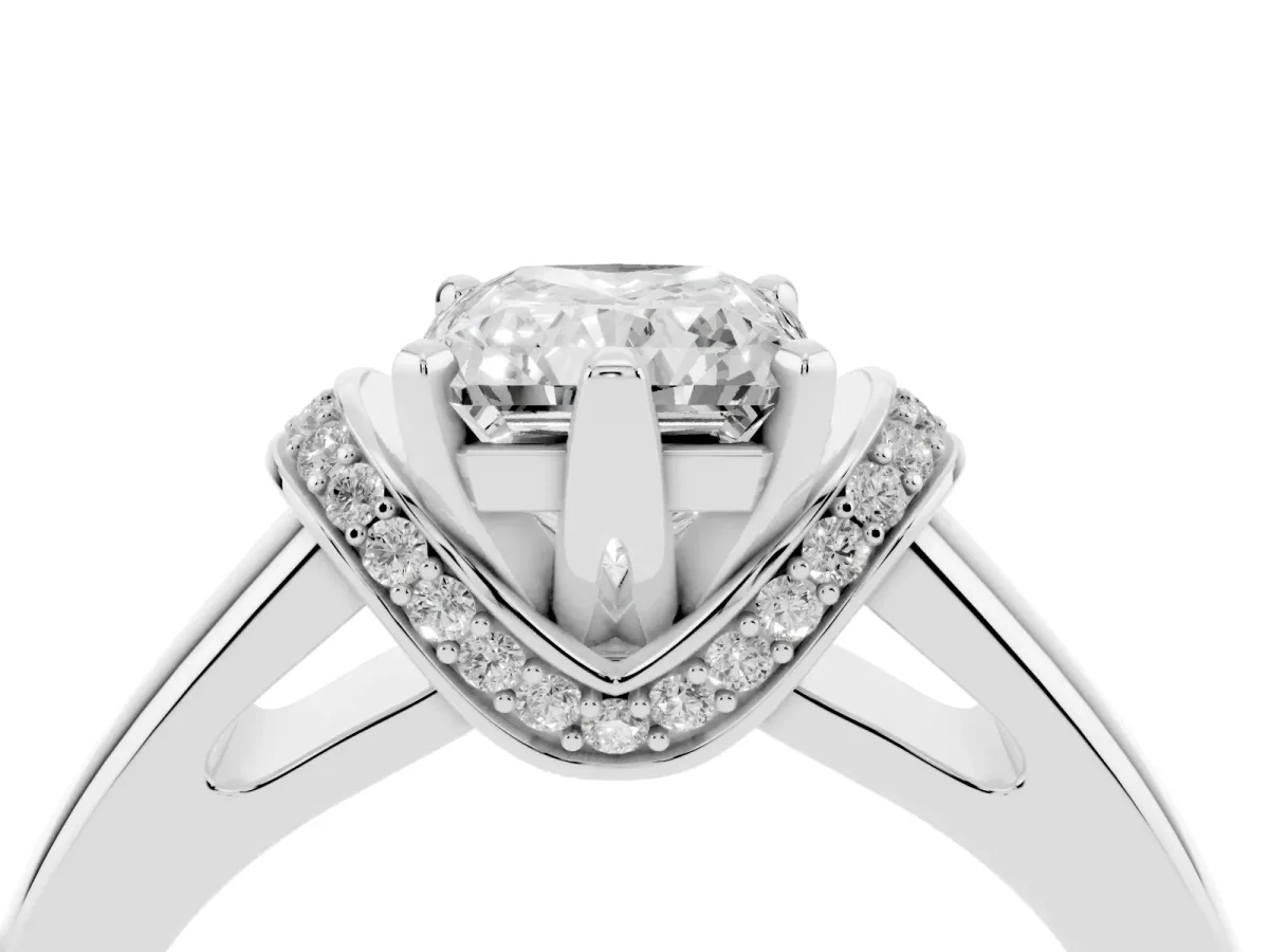 Radiant Cut Solitaire Diamond Ring with Pave Band and Six-Prong Setting Silver