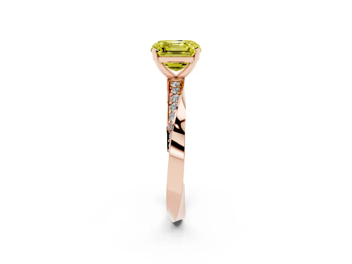 Fancy Yellow Asscher Cut Diamond Engagement Ring with Side Stone Accents and Four-Prong Setting Rose gold